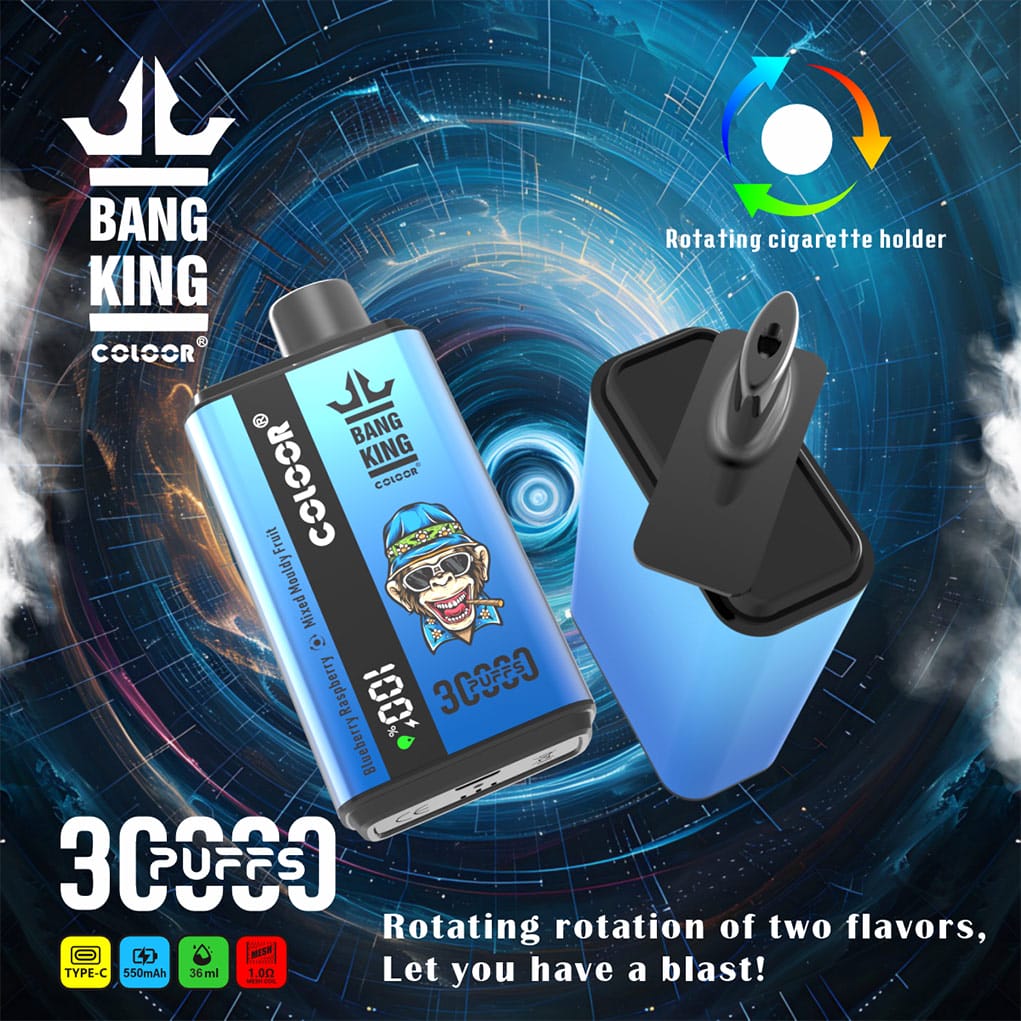 Bang King 30000 Puffs dispositivo desechable con boquilla giratoria y 30000 puffs, ideal para vaping flexible con tecnología de doble sabor, disponible en VAPEPUFF.