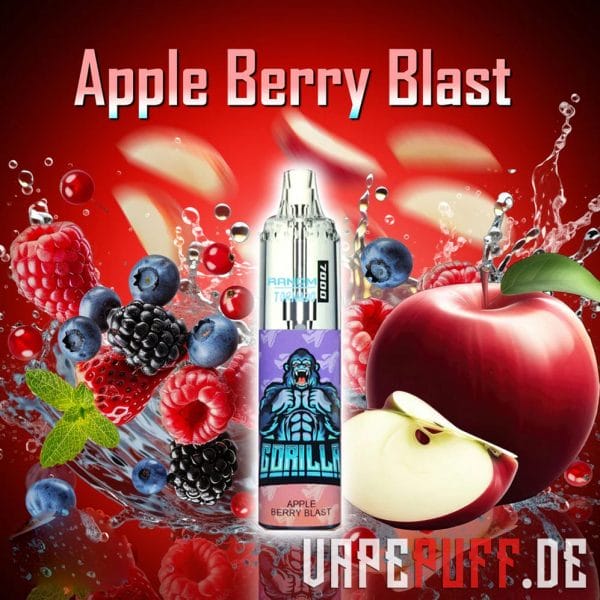 En fed og frugtagtig Apple Berry Blast-smag fra Randm Tornado 7000-serien med levende billeder af æbler, bær og stænk af juice.