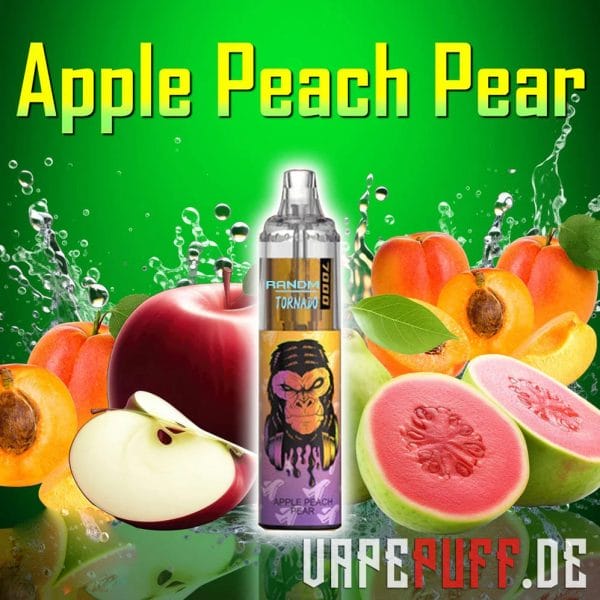 Apple Peach Pear vape-smagen fra Randm Tornado 7000-serien, fremhævet af friske æbler, saftige ferskner og modne pærer med et grønt tema.