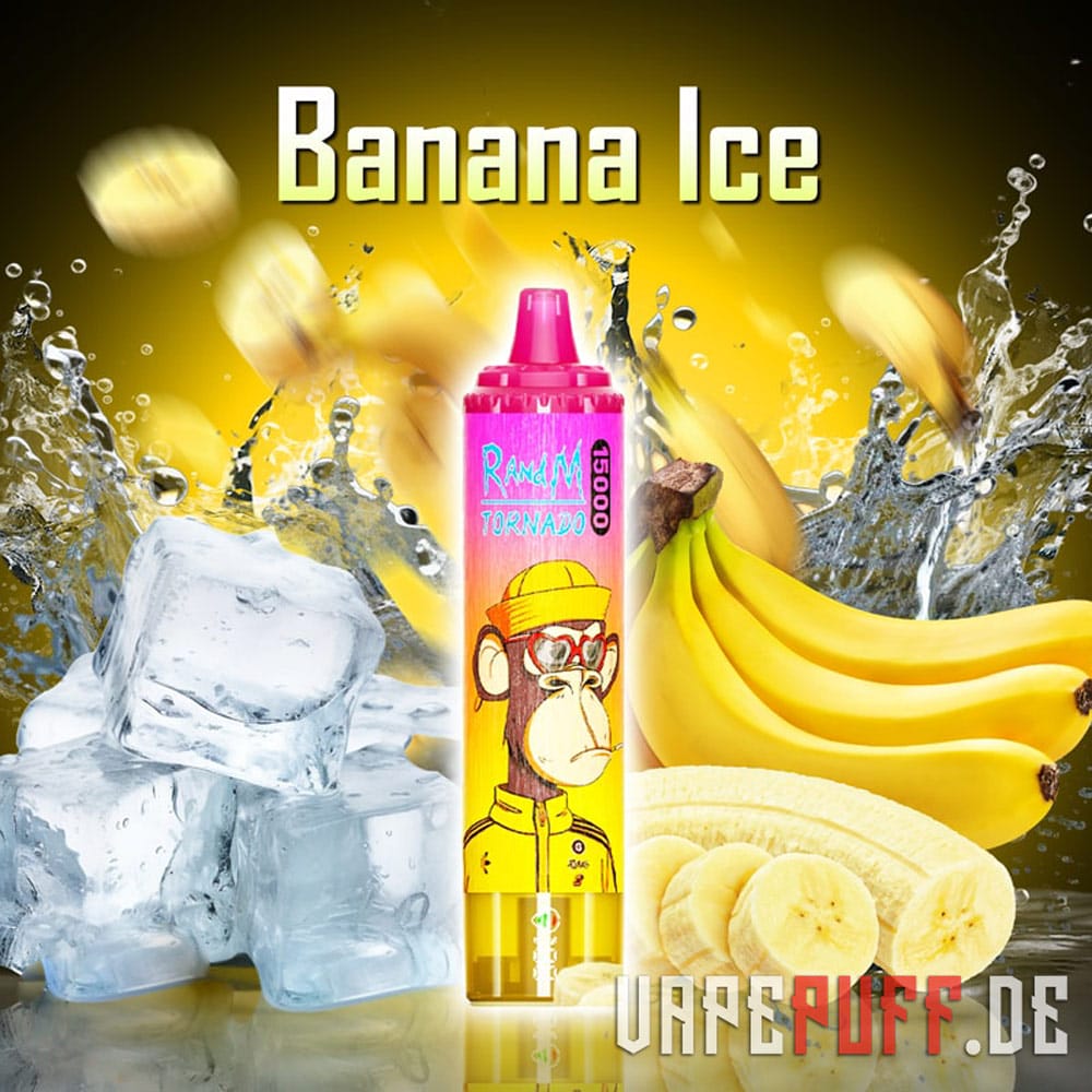 A cooling sensation awaits with the RandM Tornado 15000 vape in banana ice flavor, paired with frosty ice cubes and fresh bananas.