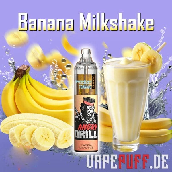 Den skønne Banana Milkshake-smag fra Randm Tornado 7000 med modne bananer og en cremet milkshake-illustration med levende stænk.