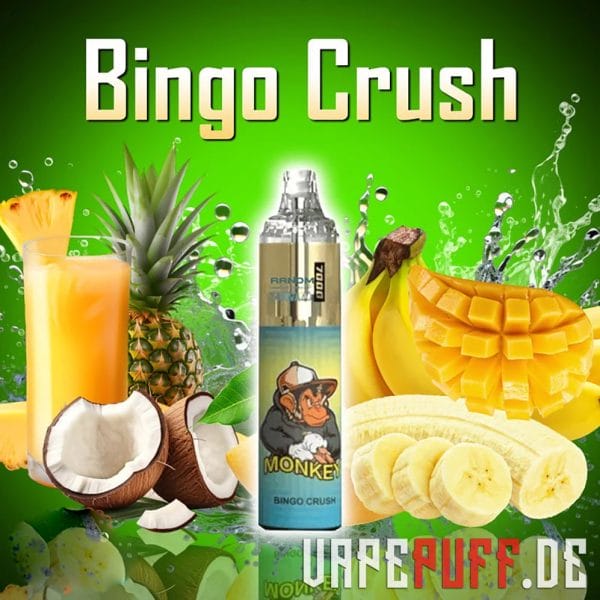 Bingo Crush-smag fra Randm Tornado 7000-serien med tropiske frugter som ananas, kokosnød, banan og mango på en levende grøn baggrund.