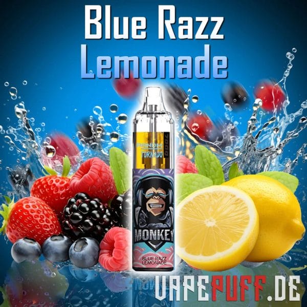 Blue Razz Lemonade vape-smag fra Randm Tornado 7000 med blå hindbær, blandede bær og friske citroner i et forfriskende display.