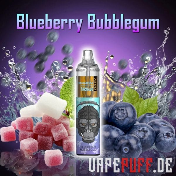 Blueberry Bubblegum vape fra Randm Tornado 7000 med en blanding af friske blåbær, mynteblade og sukkerholdige tyggegummiterninger.