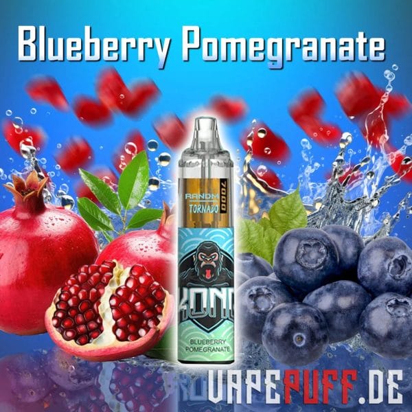 Blueberry Pomegranate vape fra Randm Tornado 7000, med saftige granatæblekerner og modne blåbær med et friskt blåt tema.