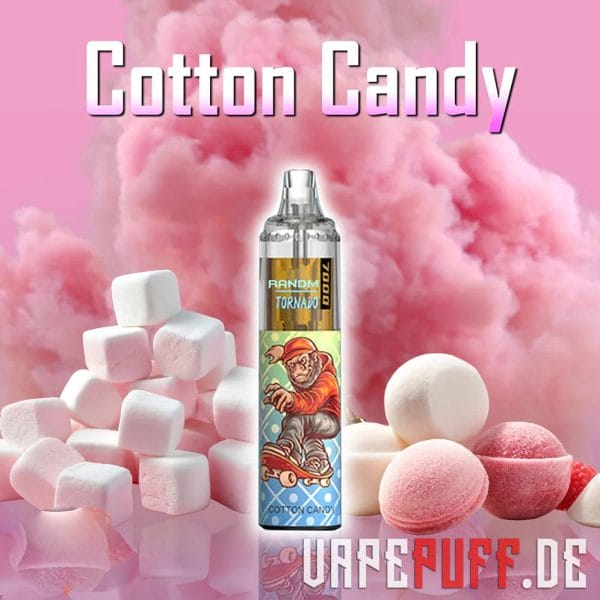 En fluffy Cotton Candy-smag fra Randm Tornado 7000 med lyserøde skyer af candyfloss og søde skumfiduser.