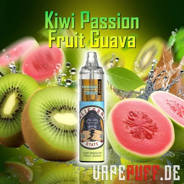 Randm Tornado 7000:n eksoottinen Kiwi Passion Fruit Guava -vapearuoka, jossa on kiivejä, guavia ja passionhedelmiä trooppisten sävyjen eloisalla räiskeellä.