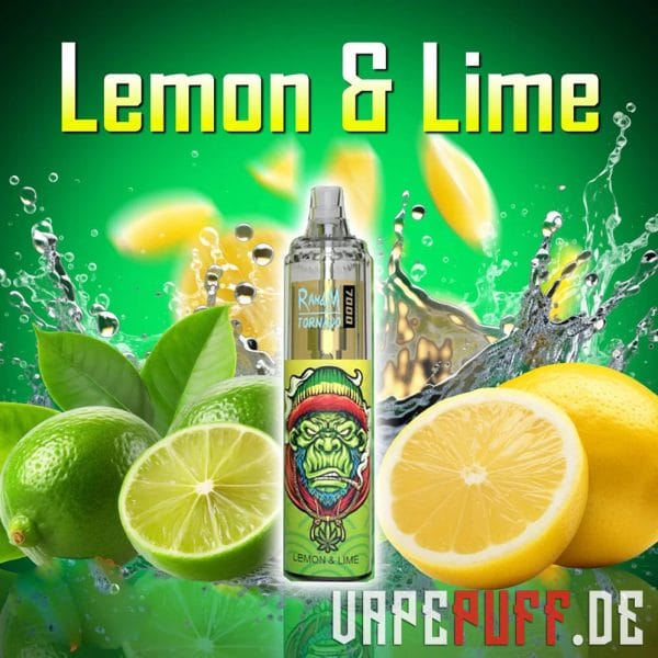 Zesty Lemon & Lime vape-smag fra Randm Tornado 7000, med friske citroner og lime med stænk af levende grøn og gul.