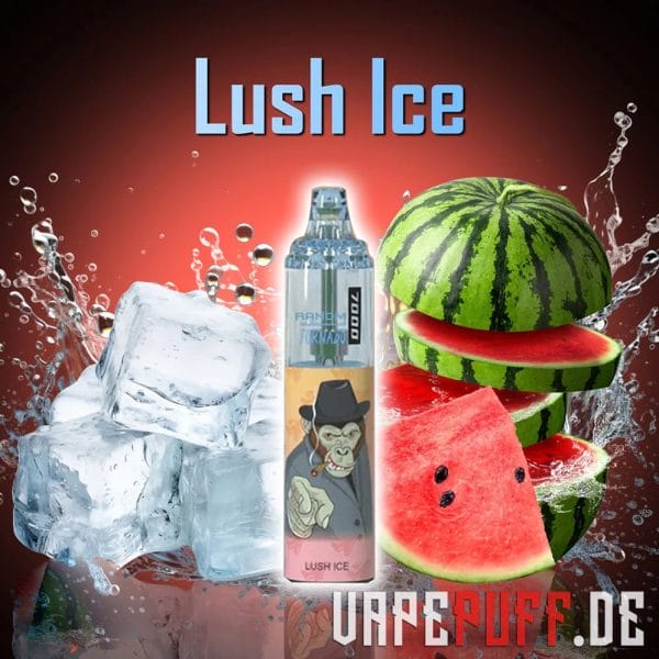 En kølig Lush Ice vape-smag fra Randm Tornado 7000 med friske vandmeloner og isterninger med levende røde og kølige toner.