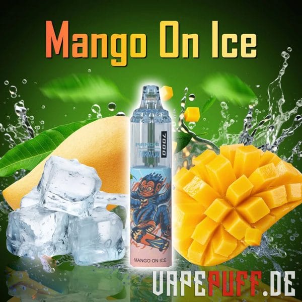 Tropical Mango On Ice vape-smag fra Randm Tornado 7000, der viser friske mangoer og isterninger med en frodig grøn baggrund.