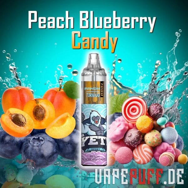 Sweet Peach Blueberry Candy vape flavour fra Randm Tornado 7000, med ferskner, blåbær og farverige slikelementer.