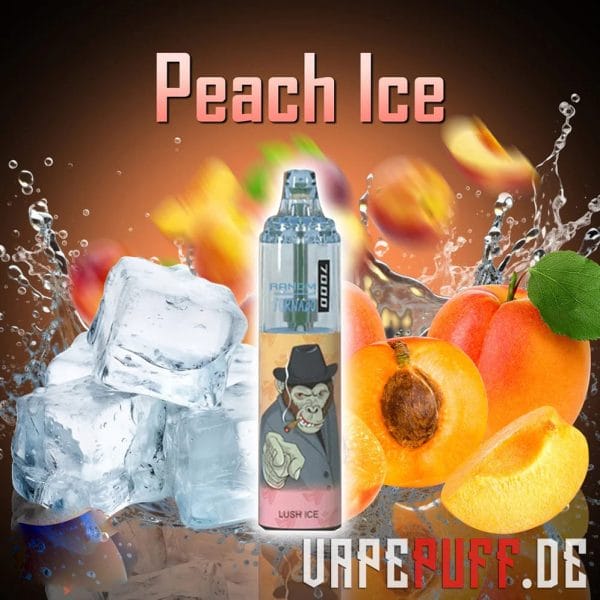 Kølig og sød Peach Ice vape-smag fra Randm Tornado 7000, med friske ferskner og isterninger med stænk af orange toner.