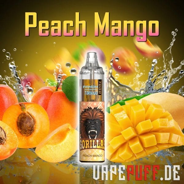 En fyldig Peach Mango vape-smag fra Randm Tornado 7000 med saftige ferskner og mango i tern med levende gyldne og orange nuancer.