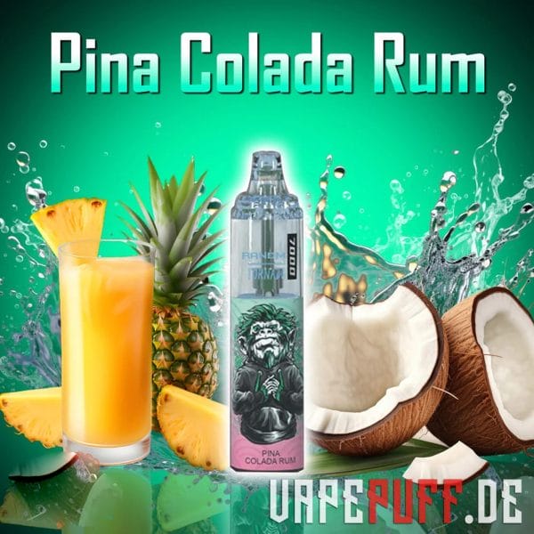 En tropisk Pina Colada Rum vape-smag fra Randm Tornado 7000, med kokosnødder, ananas og en gylden drink med et frodigt grønt tema.