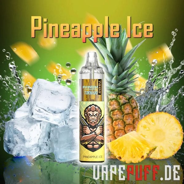 Sød og kølig Pineapple Ice vape-smag fra Randm Tornado 7000, med ananasstykker og isterninger.