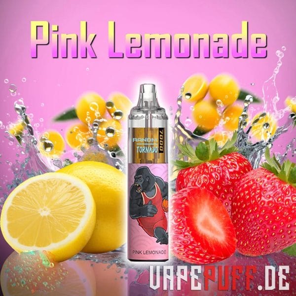 En livlig Pink Lemonade vape-smag fra Randm Tornado 7000 med jordbær, citroner og lyserøde detaljer.