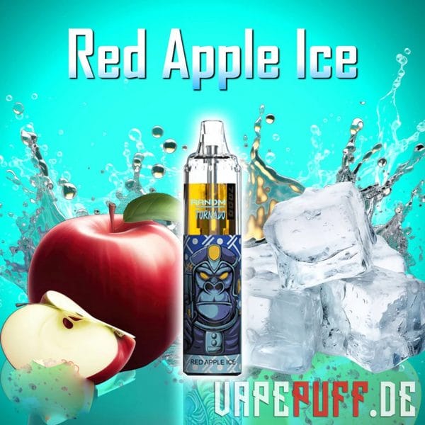 Sprød og kølig Red Apple Ice vape-smag fra Randm Tornado 7000, med friske æbler og isterninger på en forfriskende blå baggrund.