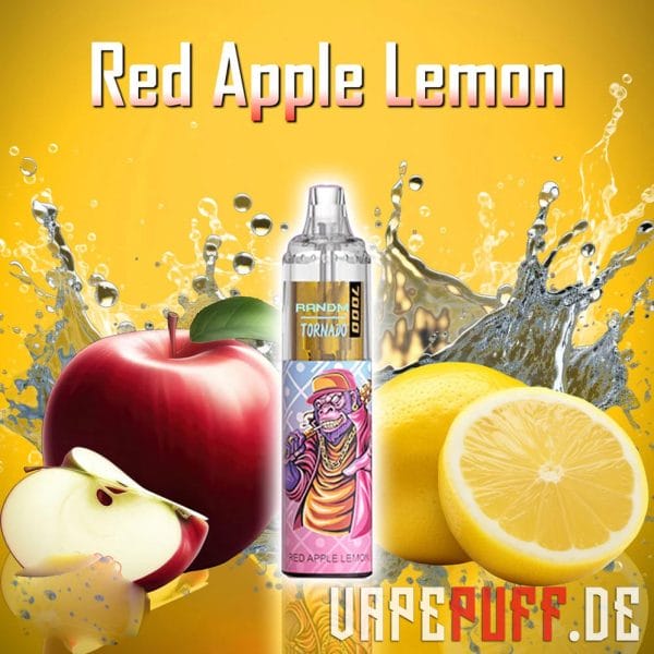 Zesty Red Apple Lemon vape-smag fra Randm Tornado 7000, med røde æbler og citroner med stænk af gult og rødt.