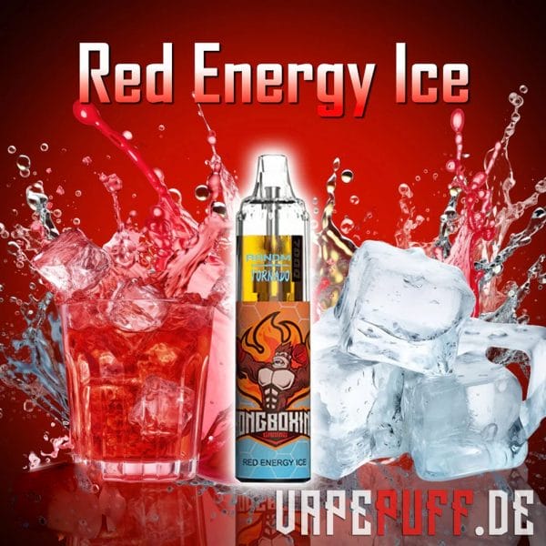 Energigivende Red Energy Ice vape-smag fra Randm Tornado 7000, med en livlig energidrik og isterninger med en fed rød baggrund.